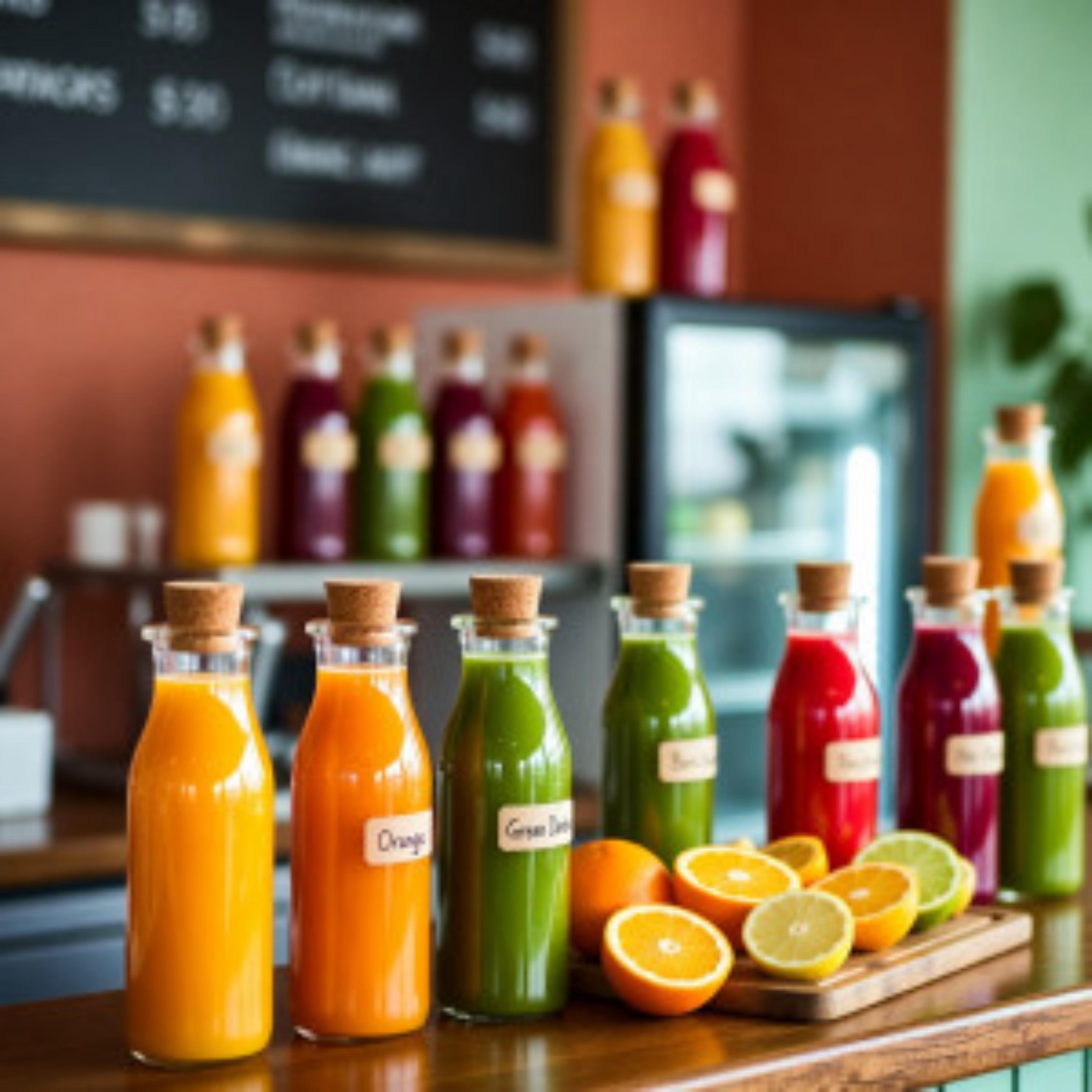 Paris juice bar with juice flavors on store counter